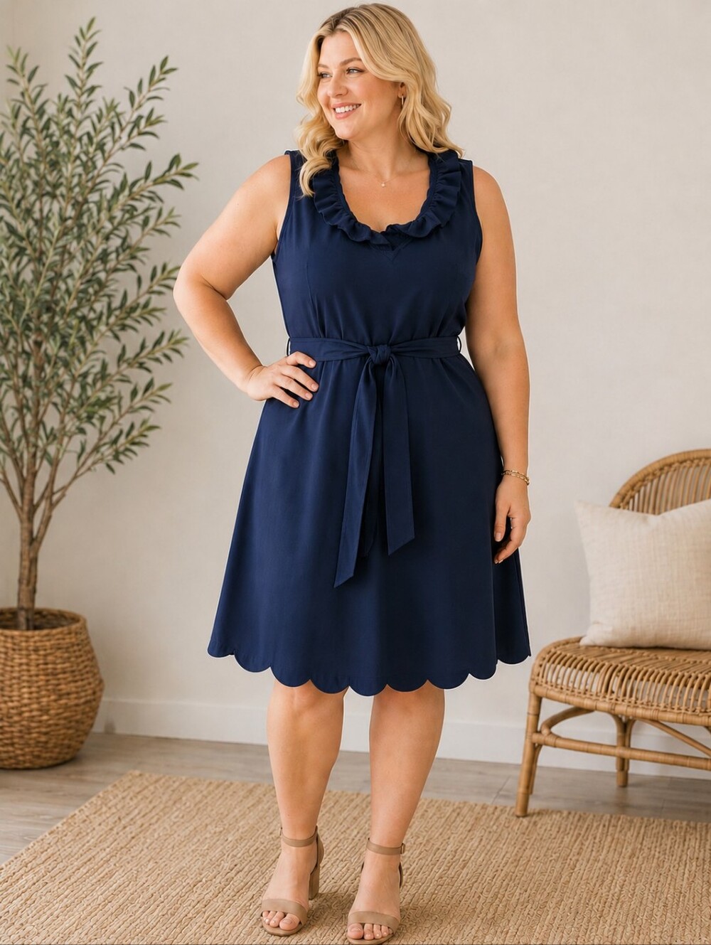 Navy Blue Cotton A-Line Romantic Dress Belted Sleeveless Scalloped Hem Ruffle